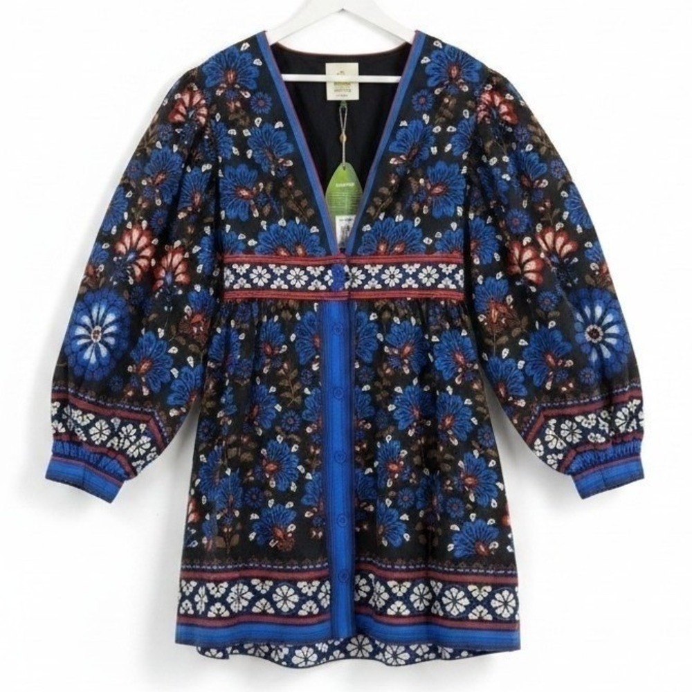 FARM RIO Latina Scarf Mini Dress Sz Medium Blue Mosaic Floral Cotton Long Sleeve - Picture 2 of 16